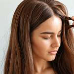 **Prompt:** A woman with dry hair applying hair oil to the ends, focusing on the shine and healthy appearance of the hair after application. Background showing natural ingredients like argan oil, coconut oil, and aloe vera.