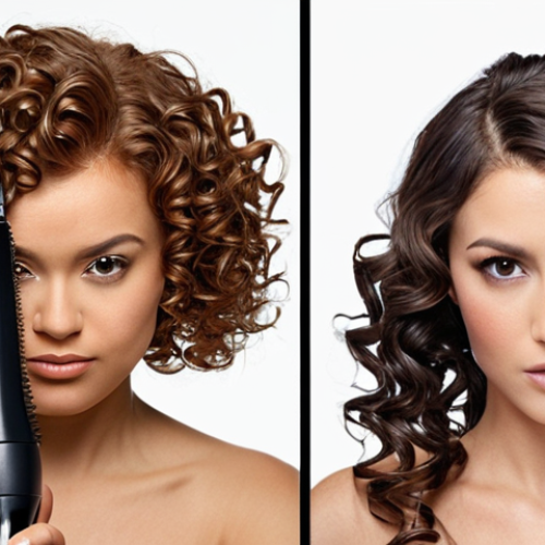 Home 25 **Image Prompt:** A split image. On one side, a woman with fine, damaged hair using a curling iron set to high heat, resulting in burnt hair. On the other side, a woman with fine hair using a curling iron at a low temperature, achieving soft, healthy curls. Illustrate the importance of choosing the right temperature for your hair type.