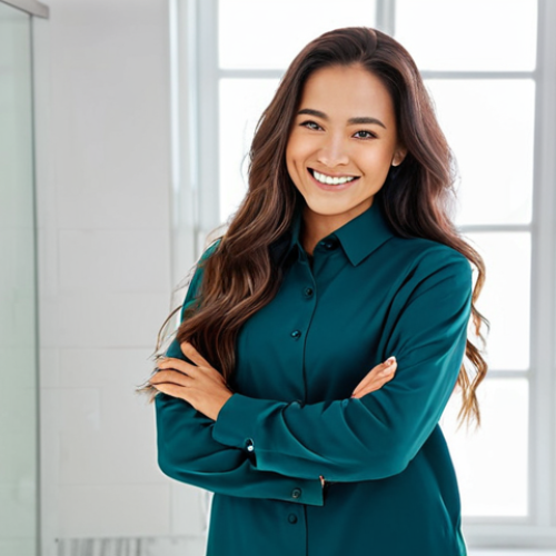 Home 24 A professional woman with long, lustrous, and naturally vibrant hair, showcasing its healthy texture and shine. She is standing gracefully in a brightly lit, modern minimalist bathroom, smiling softly, with natural light streaming in. Her hair is flowing freely, exhibiting its light and lively quality. She is fully clothed in a professional, modest, and comfortable attire, appropriate for a hair care professional or an individual embracing a healthy lifestyle. Perfect anatomy, correct proportions, natural pose, well-formed hands, proper finger count, natural body proportions, high-quality professional photography, ultra-realistic, detailed. safe for work, appropriate content, fully clothed, modest.