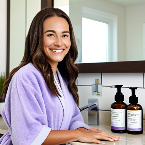 Home 22 Aromatherapy Shampoo Benefits**
"A woman with healthy, shiny hair is smiling in a bright bathroom. She is fully clothed in a modest robe. On the counter are several aromatherapy shampoo bottles with labels like "Lavender," "Tea Tree," and "Rosemary". Soft, natural lighting. The background shows a clean, modern bathroom setting. safe for work, appropriate content, fully clothed, professional, perfect anatomy, natural proportions, high quality."
**