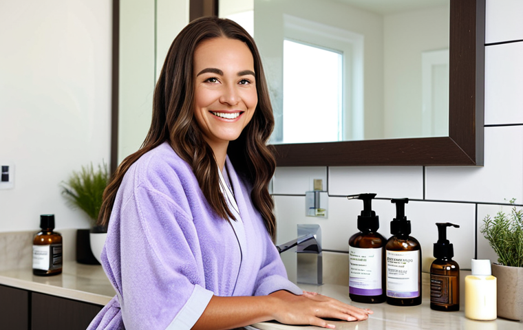 Aromatherapy Shampoo Benefits**
"A woman with healthy, shiny hair is smiling in a bright bathroom. She is fully clothed in a modest robe. On the counter are several aromatherapy shampoo bottles with labels like "Lavender," "Tea Tree," and "Rosemary". Soft, natural lighting. The background shows a clean, modern bathroom setting. safe for work, appropriate content, fully clothed, professional, perfect anatomy, natural proportions, high quality."
**