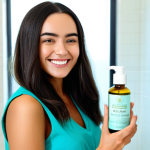 **

A woman with healthy, shiny hair, smiling and holding a bottle of natural scalp scaling oil. The oil contains coconut oil and tea tree oil. She is in a bright, clean bathroom with a blurred background. She is wearing modest clothing. Safe for work, appropriate content, fully clothed, professional photography, perfect anatomy, natural pose, family-friendly.

**