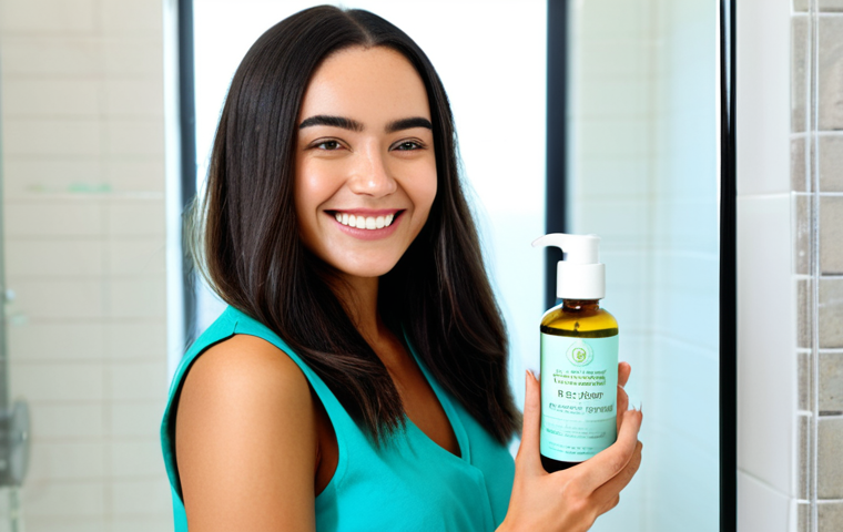 **

A woman with healthy, shiny hair, smiling and holding a bottle of natural scalp scaling oil. The oil contains coconut oil and tea tree oil. She is in a bright, clean bathroom with a blurred background. She is wearing modest clothing. Safe for work, appropriate content, fully clothed, professional photography, perfect anatomy, natural pose, family-friendly.

**