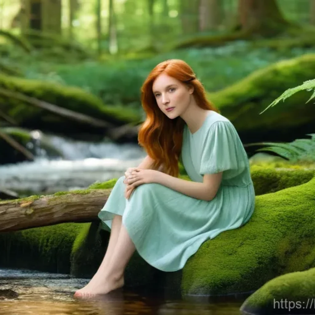 볼륨다운 헤어 샴푸 추천 - A young woman, approximately 20-25 years old, with flowing auburn hair and gentle features, is depic...