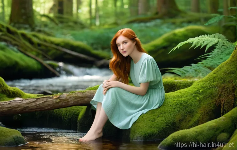 볼륨다운 헤어 샴푸 추천 - A young woman, approximately 20-25 years old, with flowing auburn hair and gentle features, is depic...