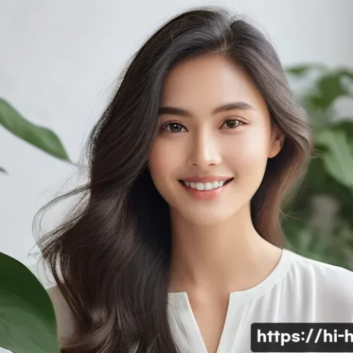 비건 헤어케어 브랜드 추천 - **Prompt:** A serene and elegant woman, approximately 30-35 years old, with long, dark, and beautifu...