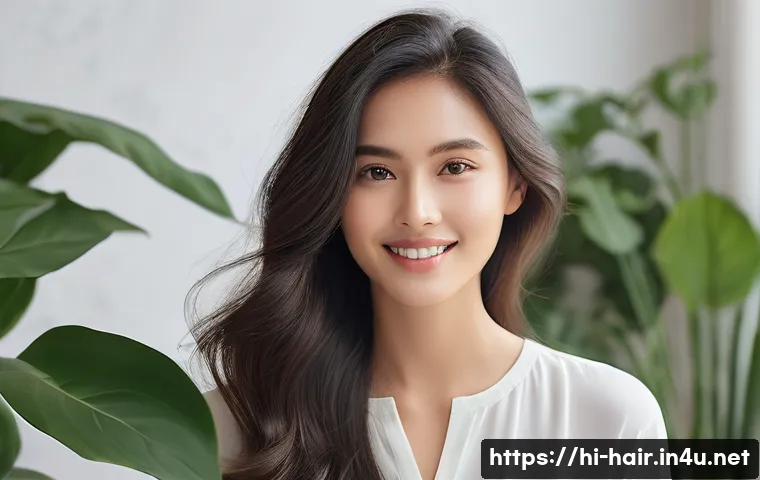 비건 헤어케어 브랜드 추천 - **Prompt:** A serene and elegant woman, approximately 30-35 years old, with long, dark, and beautifu...