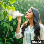 헤어미스트와 헤어오일의 차이 - A serene and detailed scene of an Indian woman with long, thick hair wearing a light cotton kurta, g...