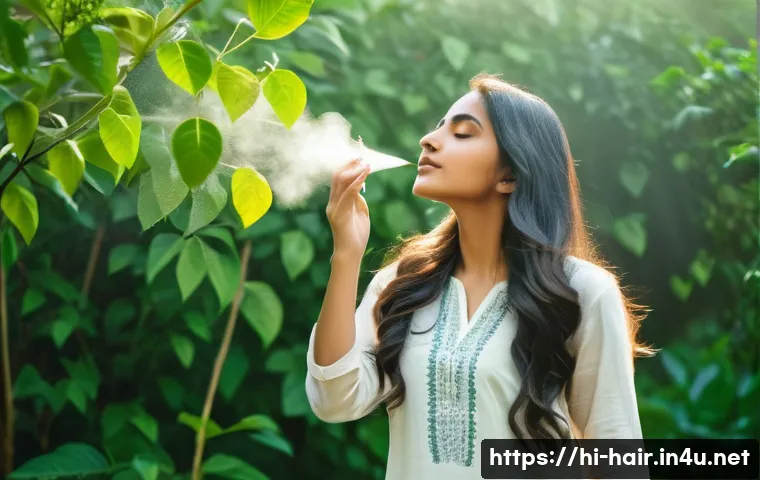 헤어미스트와 헤어오일의 차이 - A serene and detailed scene of an Indian woman with long, thick hair wearing a light cotton kurta, g...