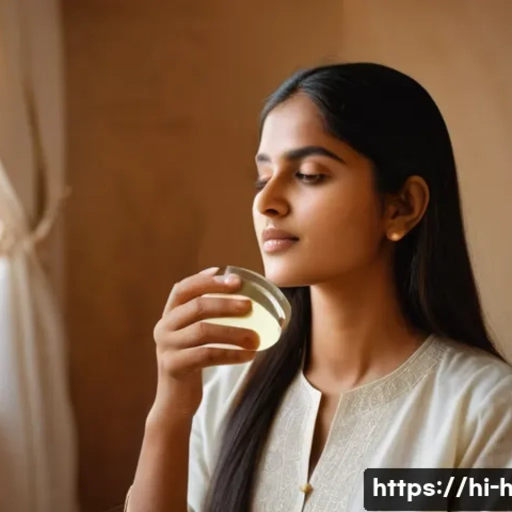 건조한 두피를 위한 보습 오일 - A serene, close-up portrait of a young Indian woman with long, dark hair wearing a light cotton kurt...