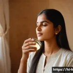 건조한 두피를 위한 보습 오일 - A serene, close-up portrait of a young Indian woman with long, dark hair wearing a light cotton kurt...
