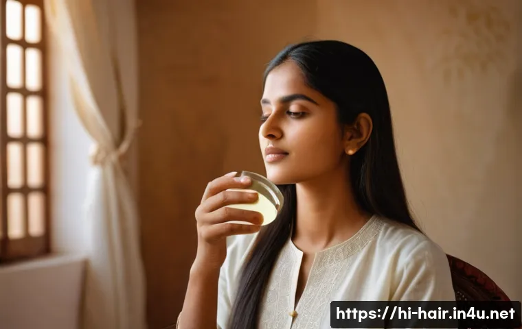 건조한 두피를 위한 보습 오일 - A serene, close-up portrait of a young Indian woman with long, dark hair wearing a light cotton kurt...