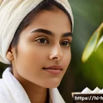 헤어 마스크와 헤어팩의 차이 - A serene spa setting featuring a young Indian woman with long, thick hair applying a creamy, rich ha...