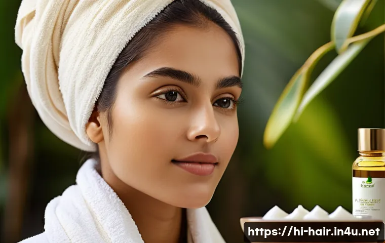 헤어 마스크와 헤어팩의 차이 - A serene spa setting featuring a young Indian woman with long, thick hair applying a creamy, rich ha...