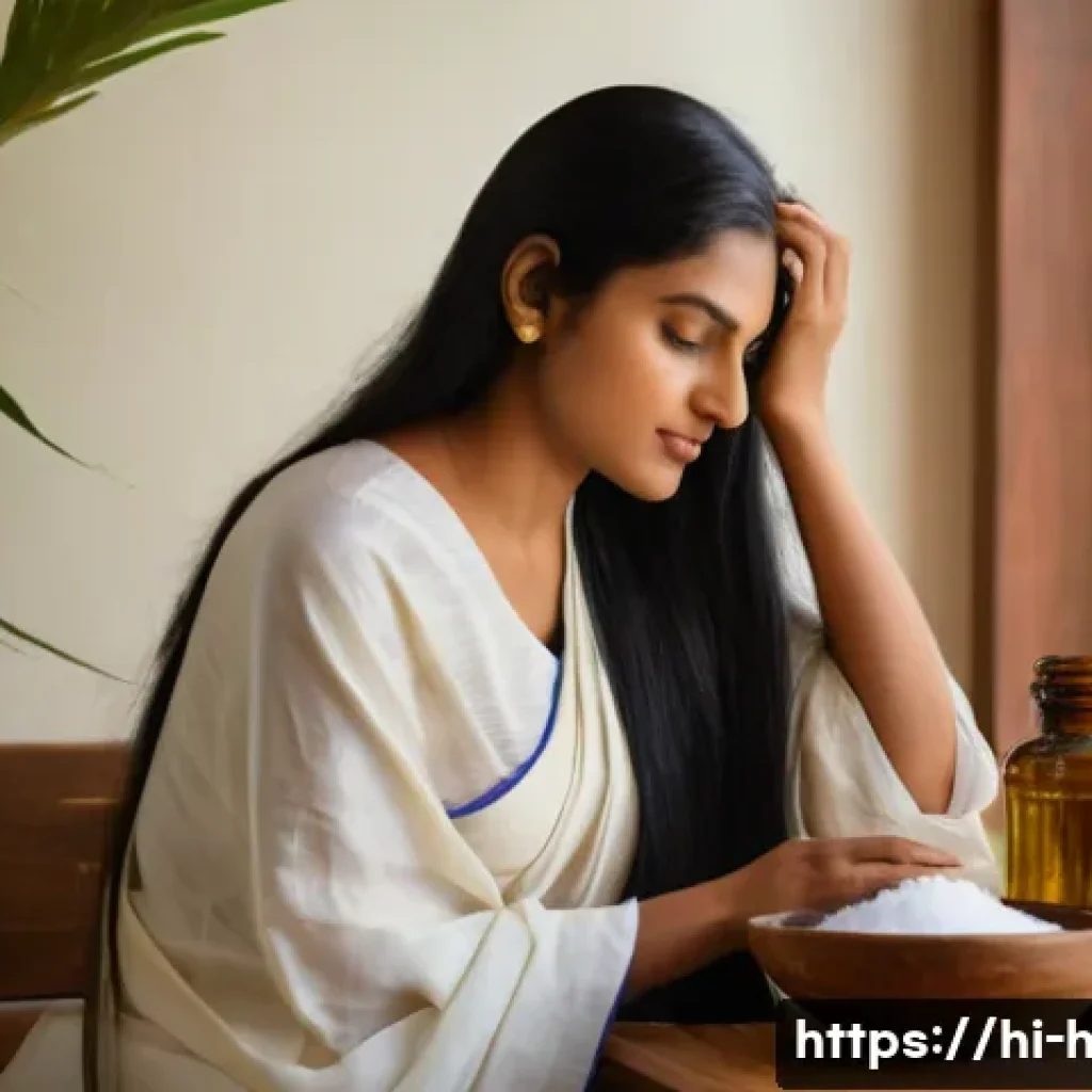 자연 성분 헤어 오일 베스트 - A serene and vibrant Indian woman with long, thick, shiny black hair, sitting comfortably in a tradi...