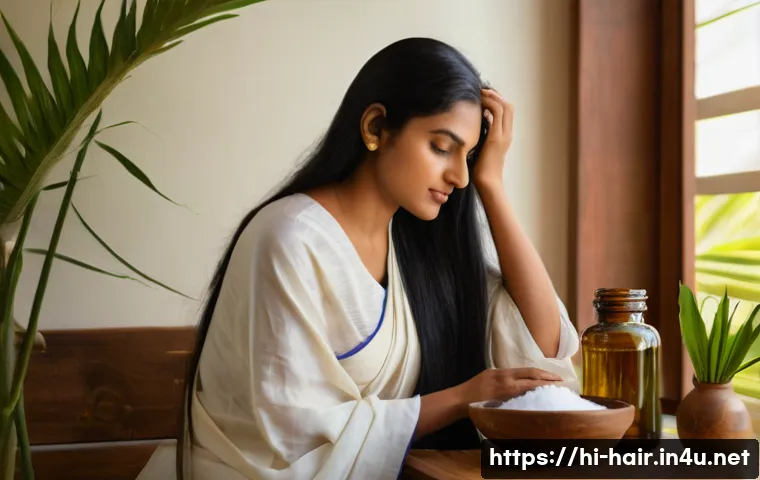 자연 성분 헤어 오일 베스트 - A serene and vibrant Indian woman with long, thick, shiny black hair, sitting comfortably in a tradi...
