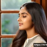 열 손상 방지 헤어 미스트 추천 - A close-up portrait of a young Indian woman with long, straight, shiny hair applying a heat protecti...