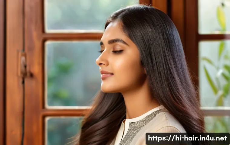 열 손상 방지 헤어 미스트 추천 - A close-up portrait of a young Indian woman with long, straight, shiny hair applying a heat protecti...