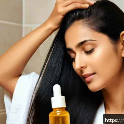 건조 두피를 위한 헤어세럼 - A serene close-up scene of a young Indian woman with long, thick black hair gently applying a natura...
