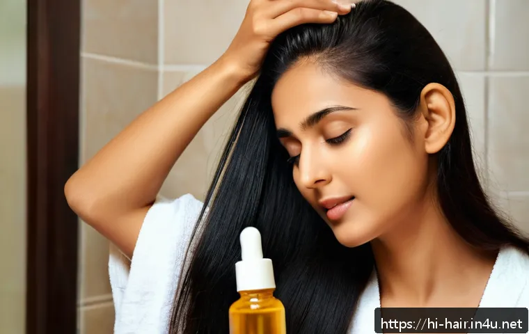 건조 두피를 위한 헤어세럼 - A serene close-up scene of a young Indian woman with long, thick black hair gently applying a natura...