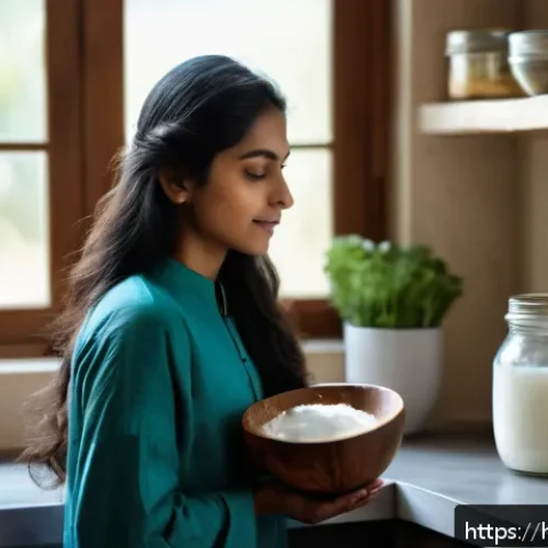 모발 강화 단백질 트리트먼트 추천 - A serene and warm kitchen scene featuring a woman of South Asian descent with long, healthy hair, we...