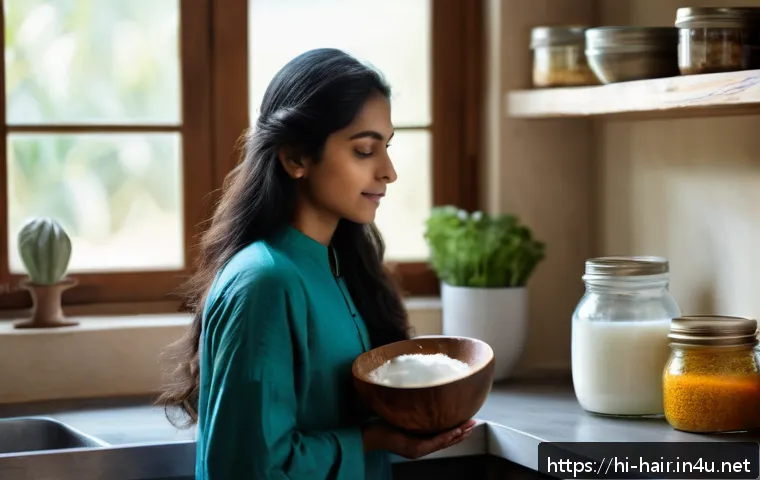 모발 강화 단백질 트리트먼트 추천 - A serene and warm kitchen scene featuring a woman of South Asian descent with long, healthy hair, we...