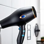 모발 보호 기능 있는 드라이어 추천 - A detailed close-up of a modern hair dryer with ceramic coating and ionic technology, emitting gentl...