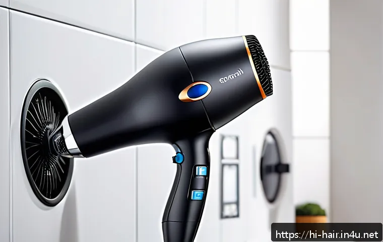모발 보호 기능 있는 드라이어 추천 - A detailed close-up of a modern hair dryer with ceramic coating and ionic technology, emitting gentl...