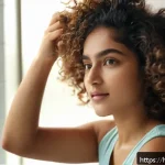 컬링 에센스와 스트레이트 크림 비교 - A close-up portrait of a young Indian woman with naturally curly hair, wearing light makeup and casu...