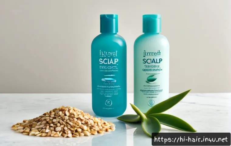 저자극 두피 관리 제품 비교 - Photorealistic top-down comparison scene of two gentle scalp-care product sets on a clean white bath...